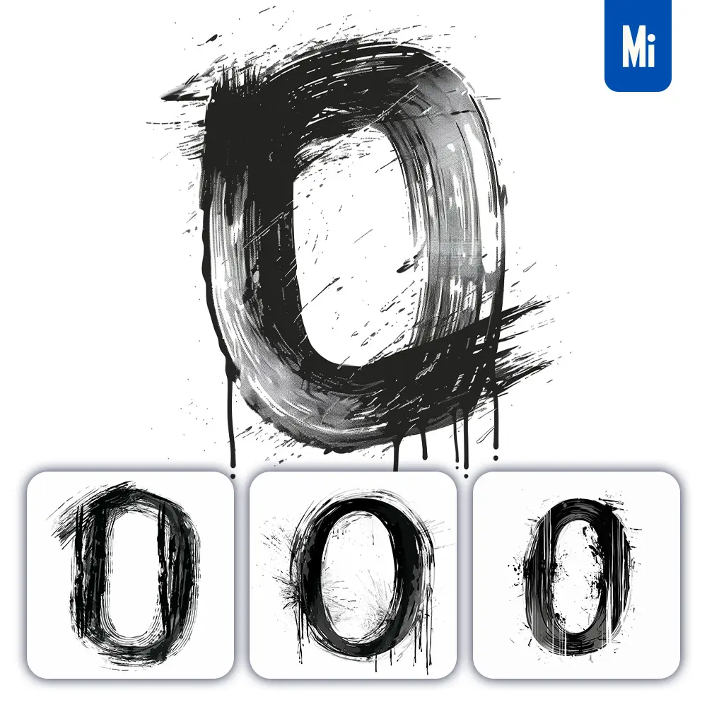 Midjourney Prompt Number 0 Brush Ink Black and White Letter Font Stroke Art