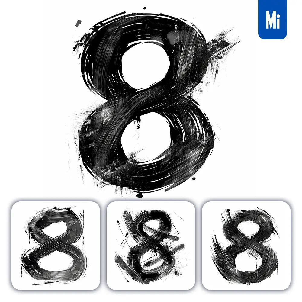 Midjourney Prompt Number 8 Brush Ink Black and White Letter Font Stroke Art