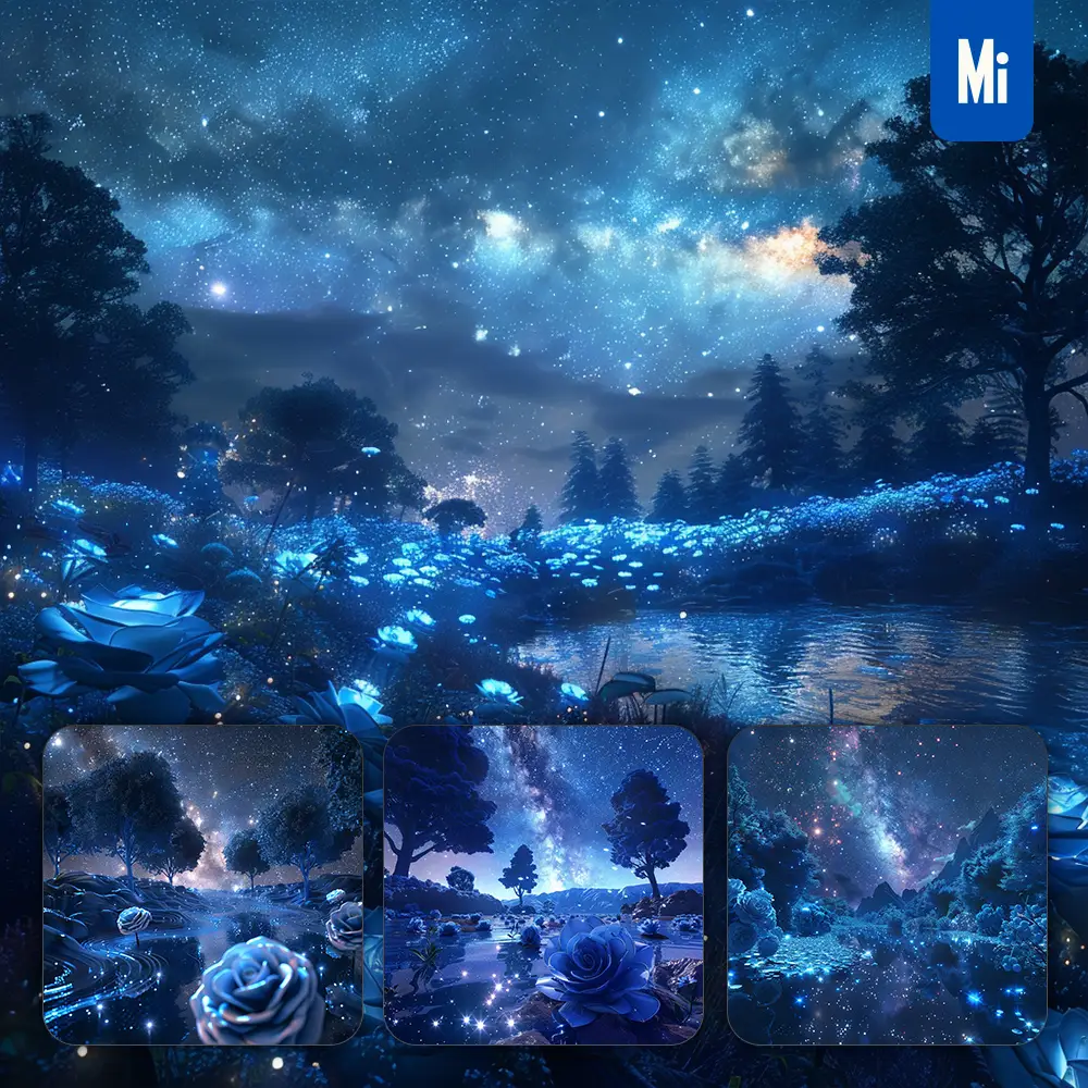 Midjourney Prompt Rose Surreal Sky Moonlight Starlight Tree Star Galaxy Blue Night River Virtual Dream