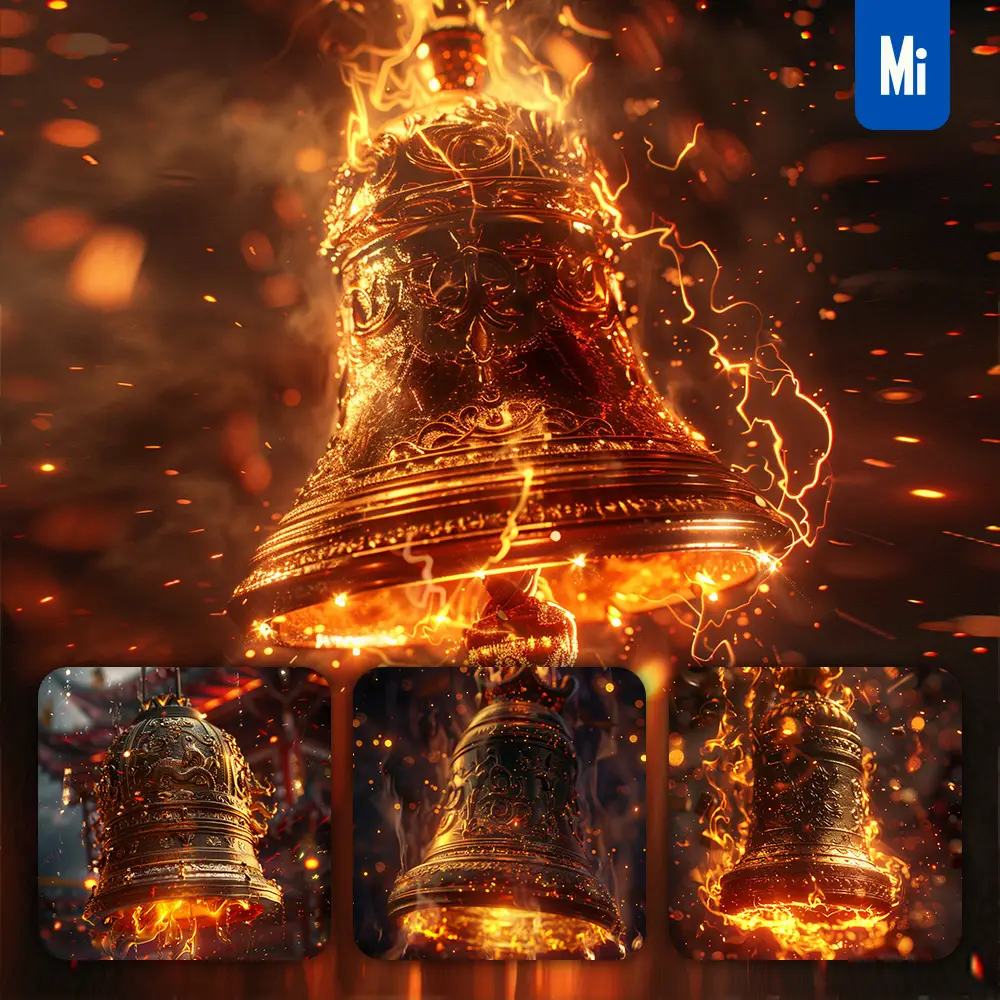 Midjourney Prompt Temple Bell Fire Lighting Gold Golden Buddhism 3D CG