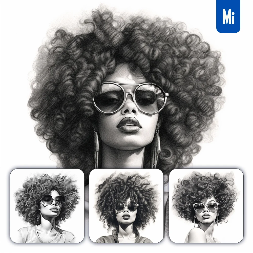 Midjourney Prompt Woman Lady Female Sunglasses Curly Hair Head Sketch Pencil Drawing Black and White