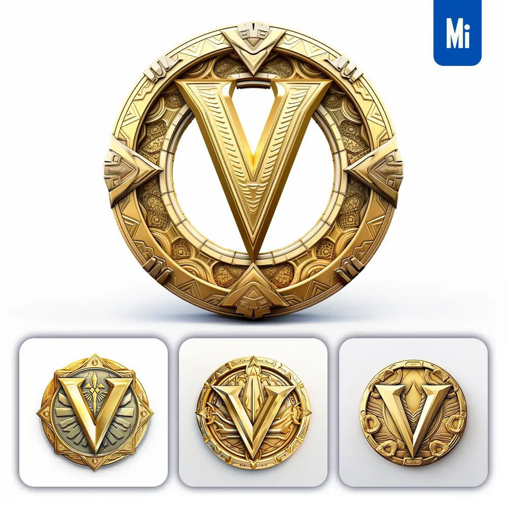 Midjourney Prompt Badge Logo Letter V Gold Coin Golden