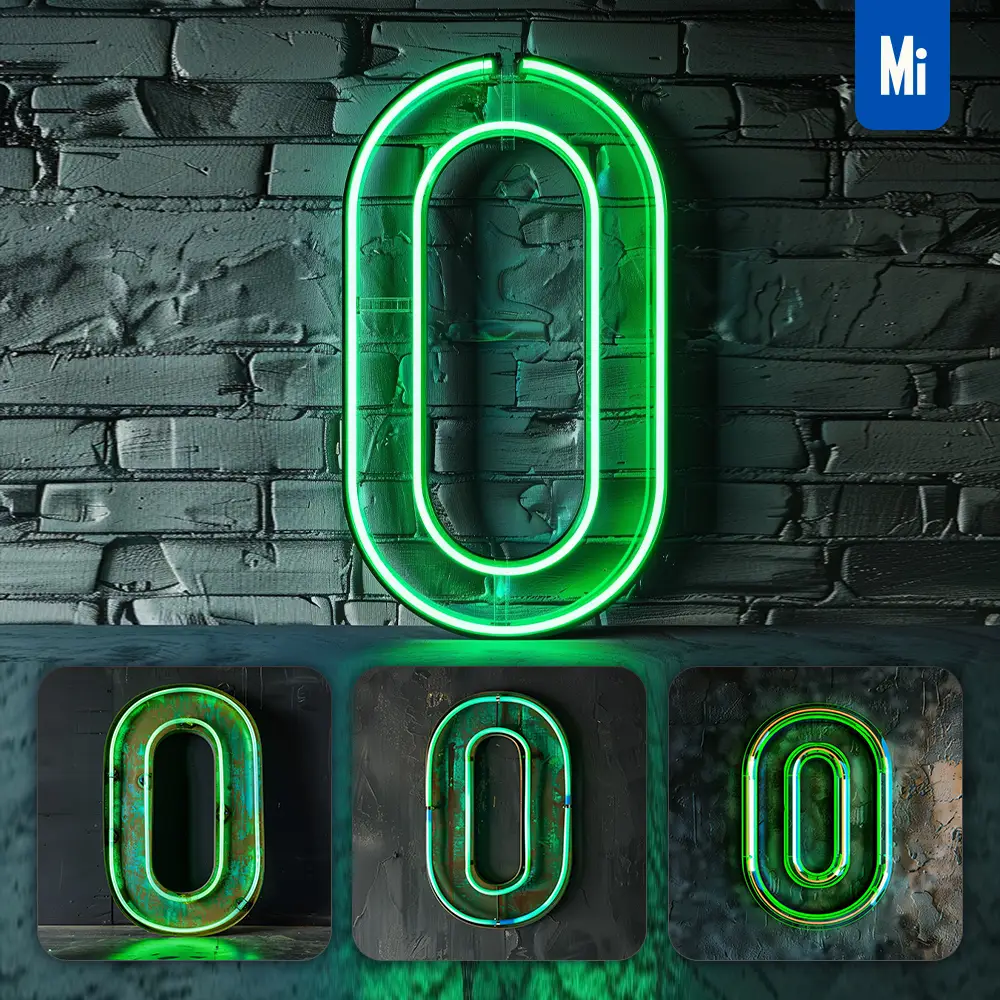 Midjourney Prompt 0 Number Green LED Neon Light Word Text