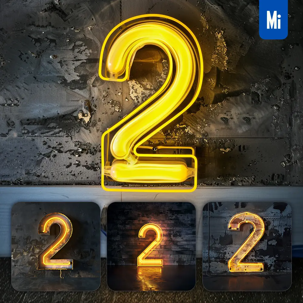 Midjourney Prompt 2 Number Yellow LED Neon Light Word Text