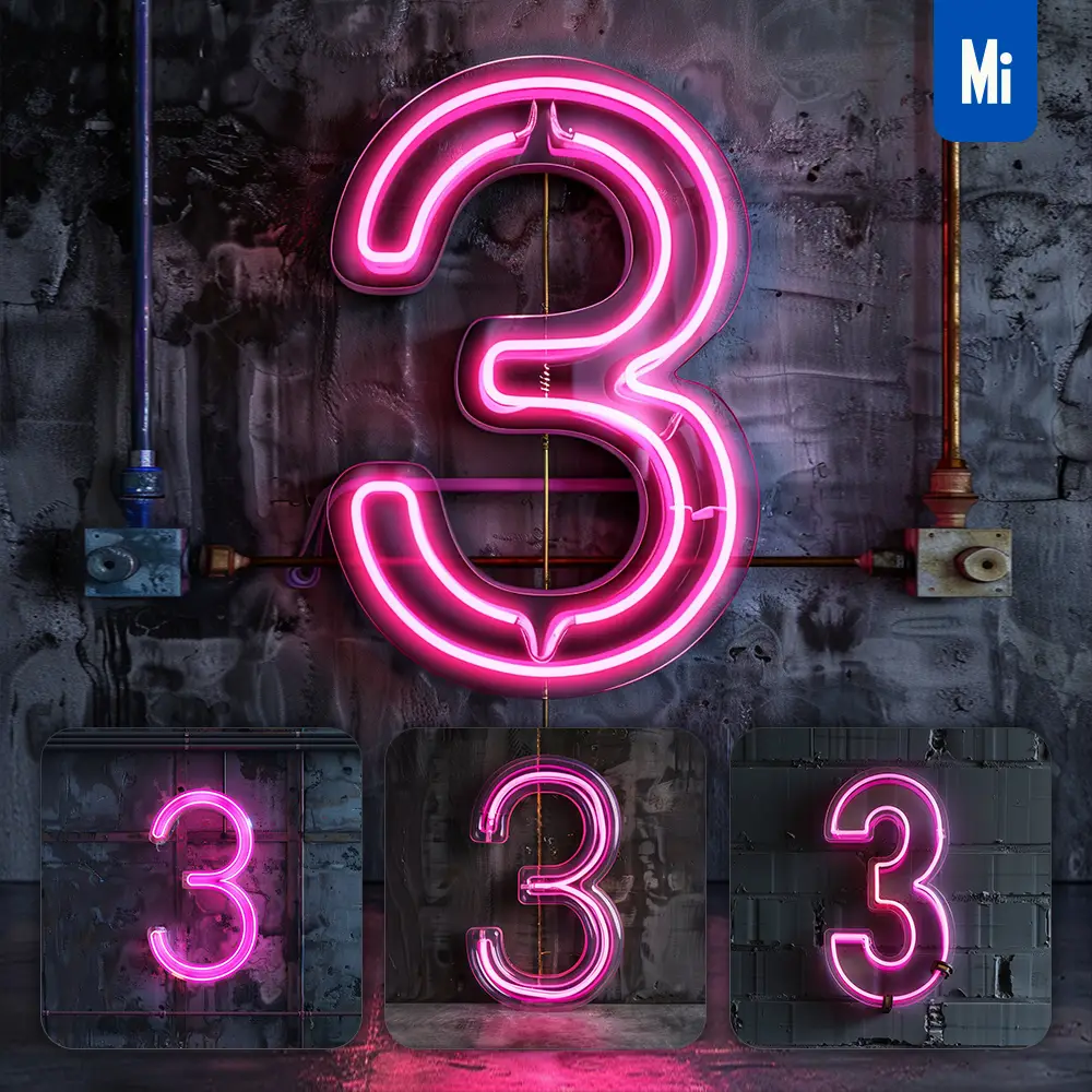 Midjourney Prompt 3 Number Pink LED Neon Light Word Text
