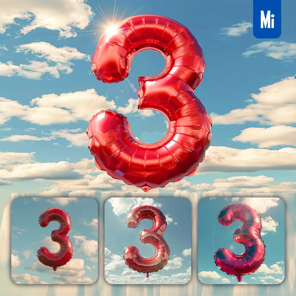 Midjourney Prompt 3 Number Red Balloon Sky Cloud 3D