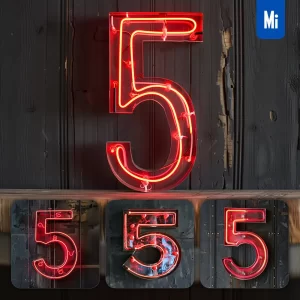 Midjourney Prompt 5 Number Red LED Neon Light Word Text
