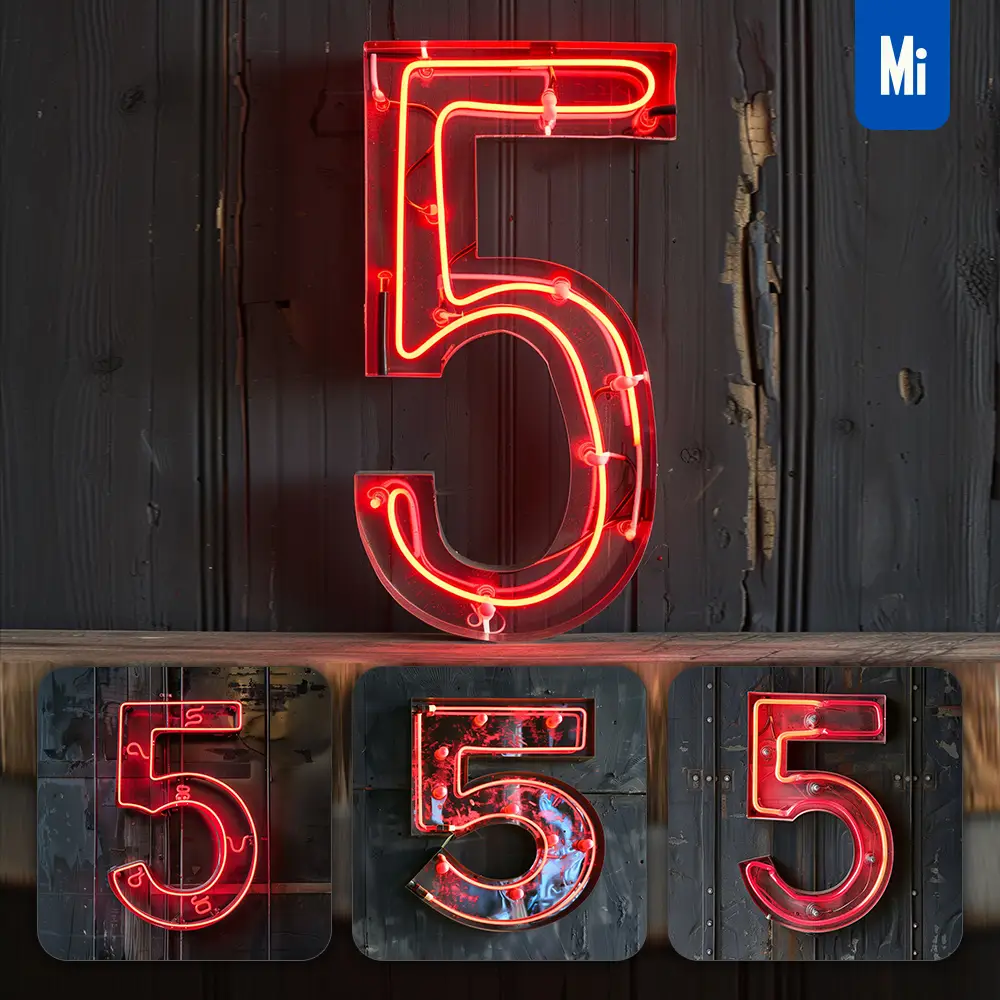 Midjourney Prompt 5 Number Red LED Neon Light Word Text