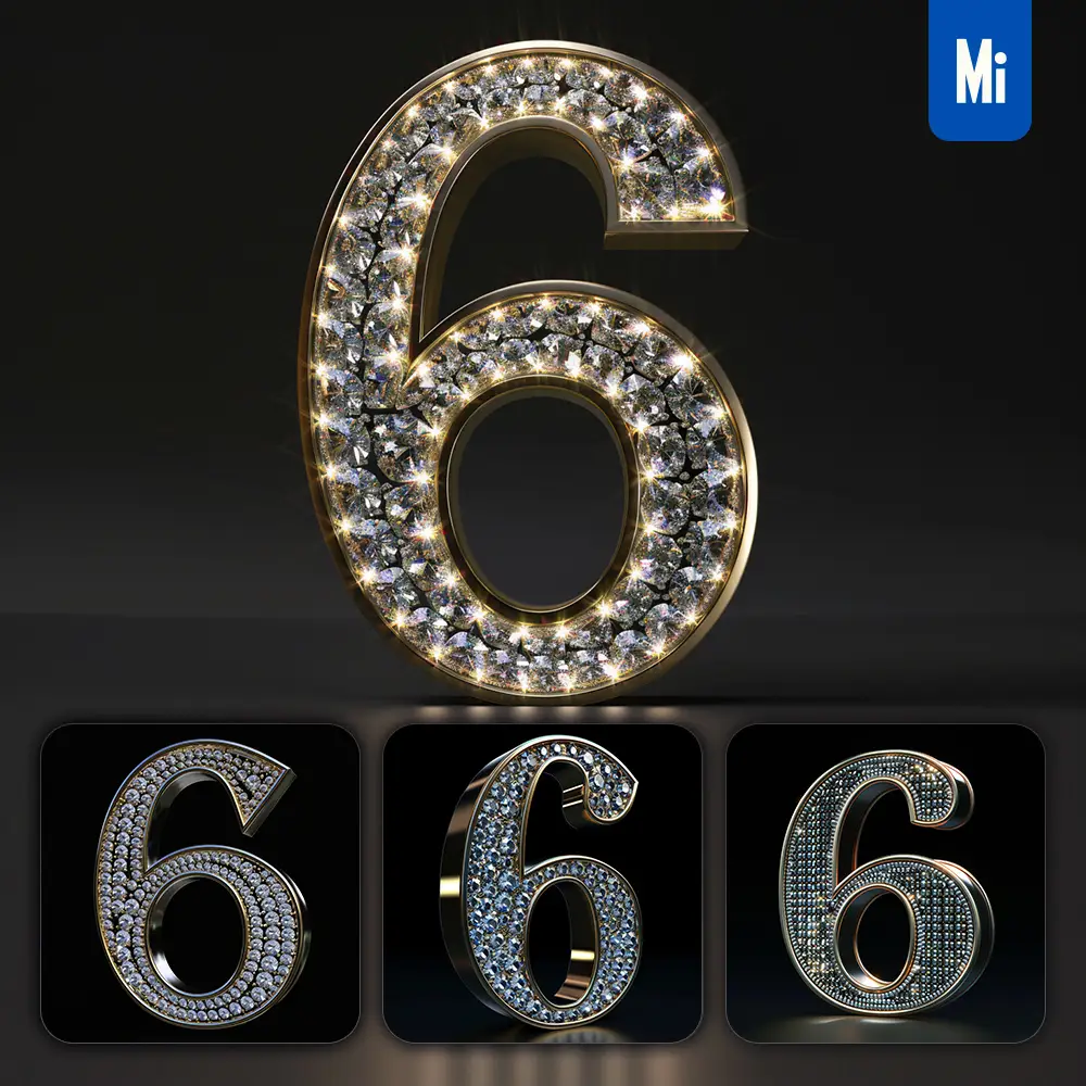 Midjourney Prompt 6 Number Word Text Type Diamond Gold 3D