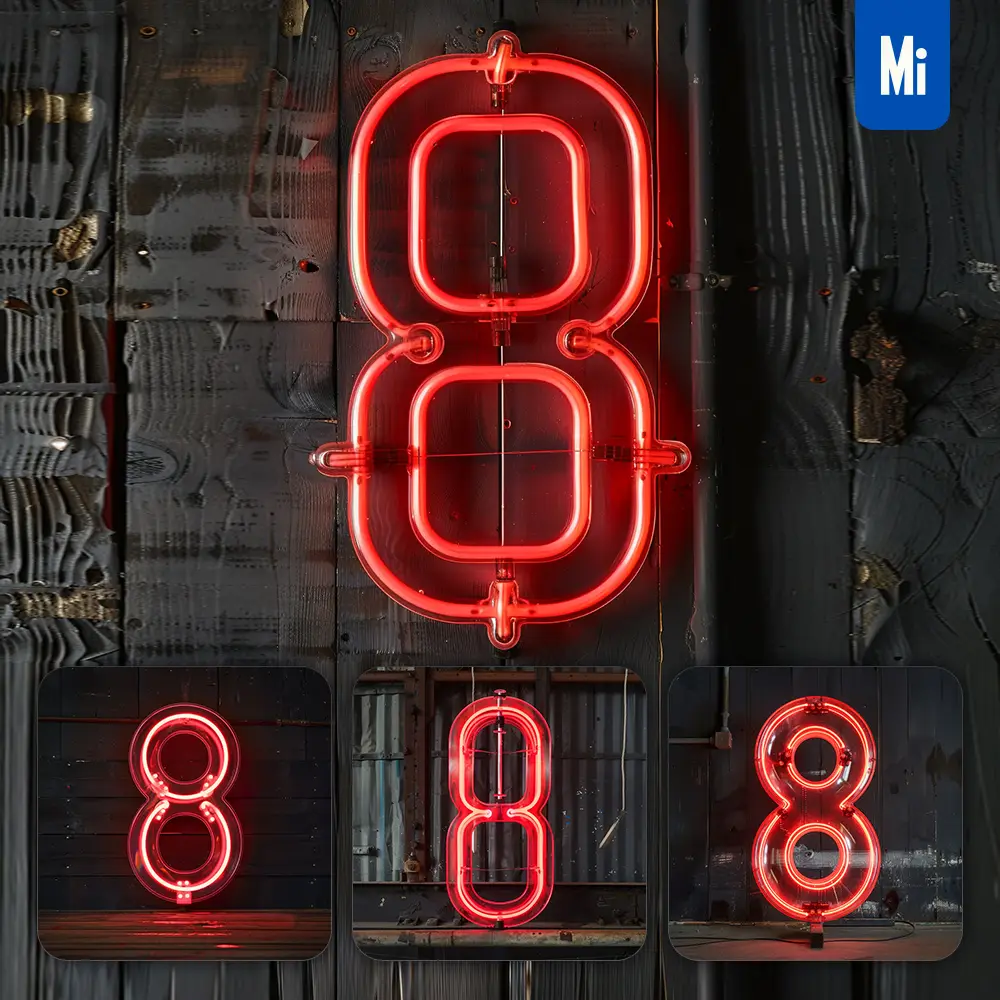 Midjourney Prompt 8 Number Red LED Neon Light Word Text