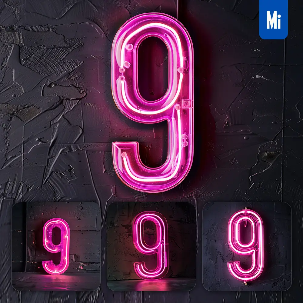 Midjourney Prompt 9 Number Pink LED Neon Light Word Text