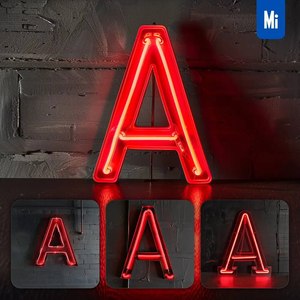 Midjourney Prompt a Letter Red LED Neon Light Word Text