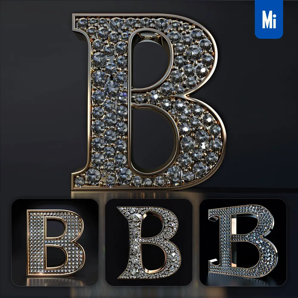Midjourney Prompt B Letter Word Text Type Diamond Gold 3D