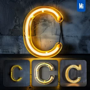 Midjourney Prompt C Letter Yellow LED Neon Light Word Text