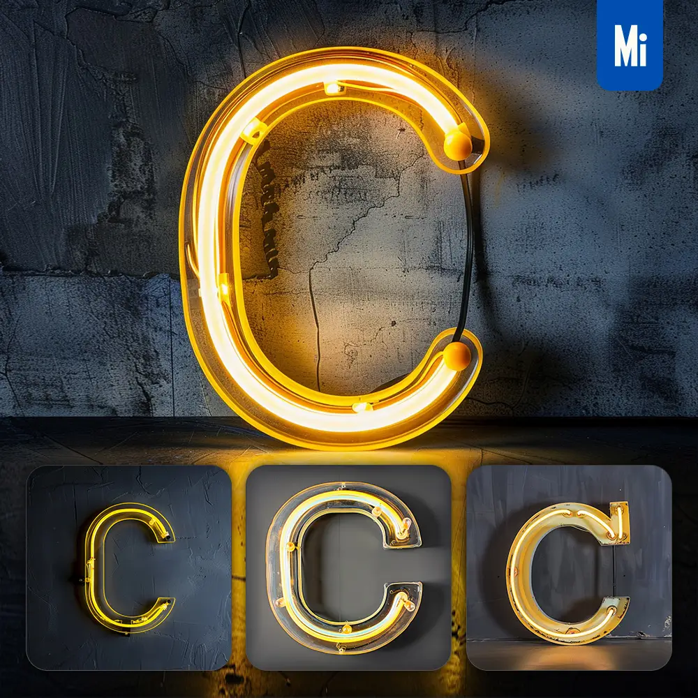 Midjourney Prompt C Letter Yellow LED Neon Light Word Text