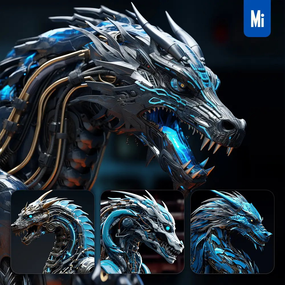 Midjourney Prompt Chinese Dragon Head Robot Anatomy Technology Science Fiction 3D