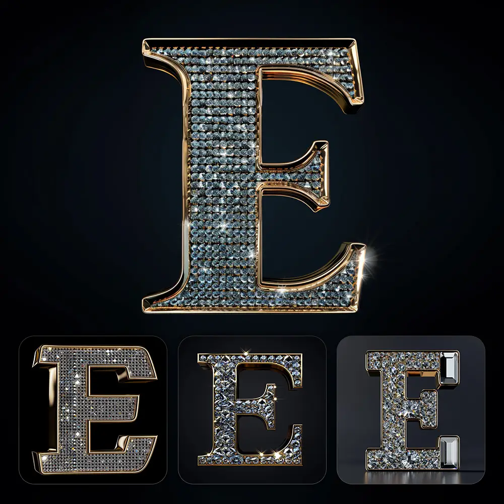 Midjourney Prompt E Letter Word Text Type Diamond Gold 3D