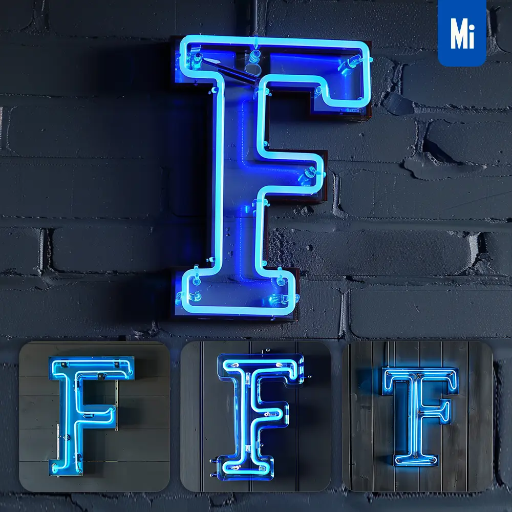 Midjourney Prompt F Letter Blue LED Neon Light Word Text