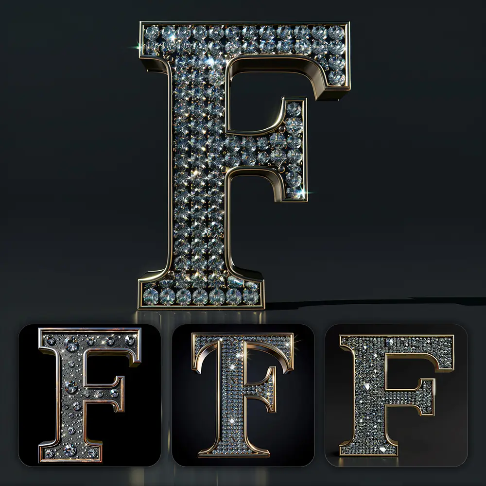 Midjourney Prompt F Letter Word Text Type Diamond Gold 3D