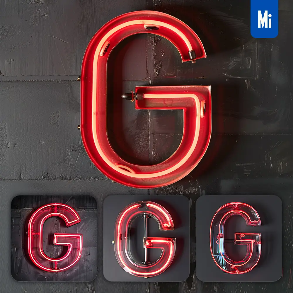 Midjourney Prompt G Letter Red LED Neon Light Word Text