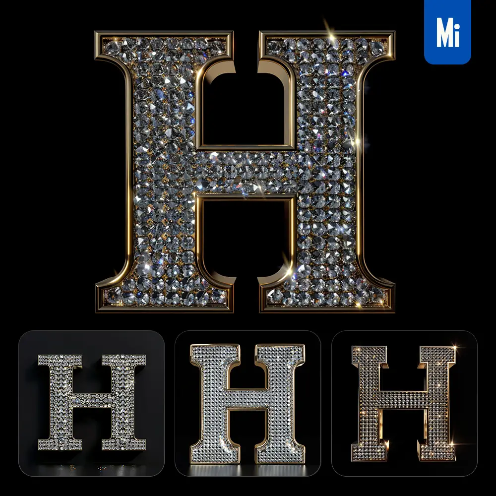 Midjourney Prompt H Letter Word Text Type Diamond Gold 3D
