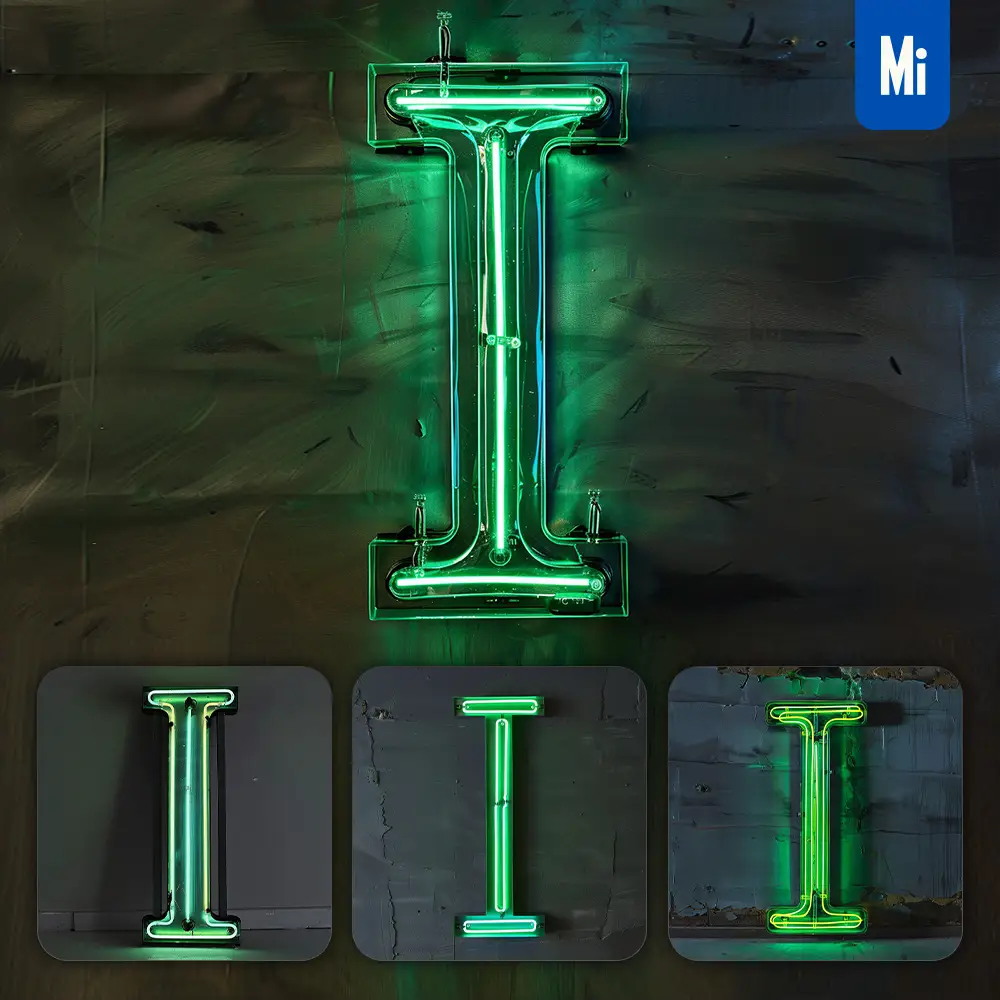 Midjourney Prompt I Letter Green LED Neon Light Word Text