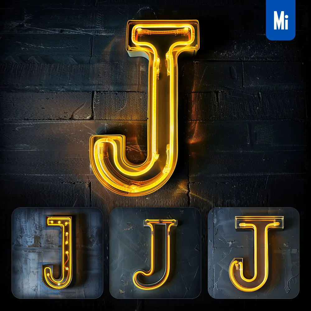 Midjourney Prompt J Letter Yellow LED Neon Light Word Text
