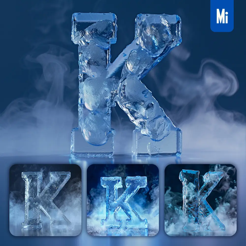 Midjourney Prompt K Letter Cold Ice Block Text Word Freeze 3D