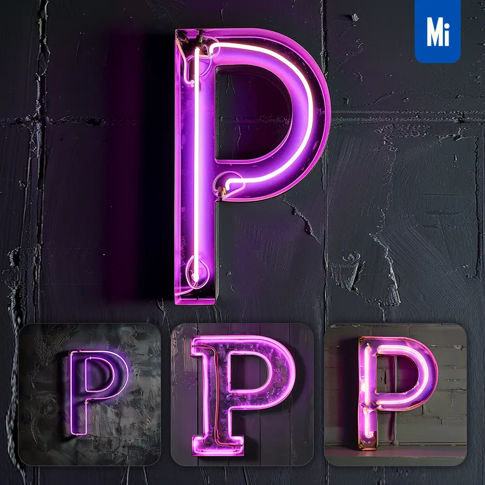 Midjourney Prompt P Letter Purple Pink LED Neon Light Word Text