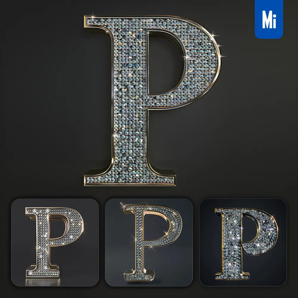 Midjourney Prompt P Letter Word Text Type Diamond Gold 3D