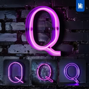 Midjourney Prompt Q Letter Purple LED Neon Light Word Text