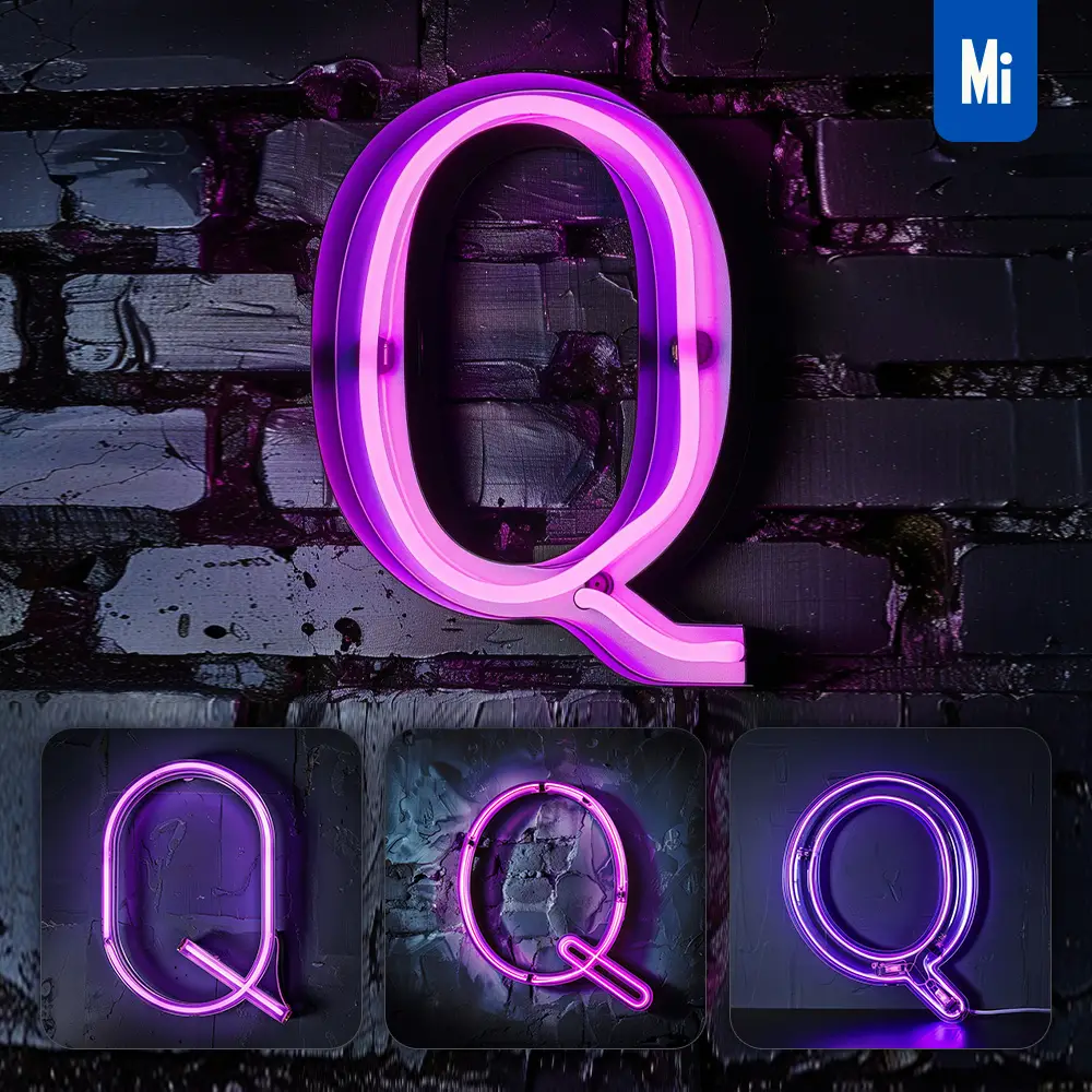 Midjourney Prompt Q Letter Purple LED Neon Light Word Text