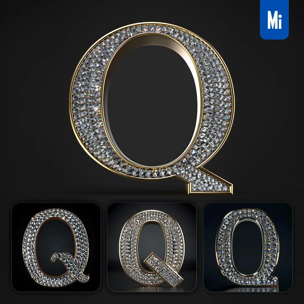 Midjourney Prompt Q Letter Word Text Type Diamond Gold 3D