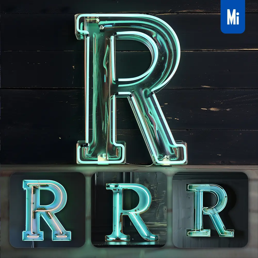 Midjourney Prompt R Letter Green Celadon LED Neon Light Word Text