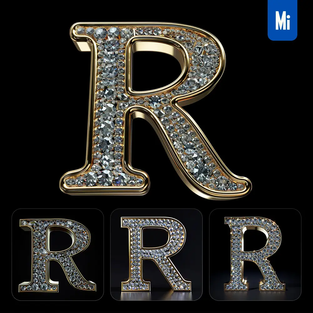Midjourney Prompt R Letter Word Text Type Diamond Gold 3D