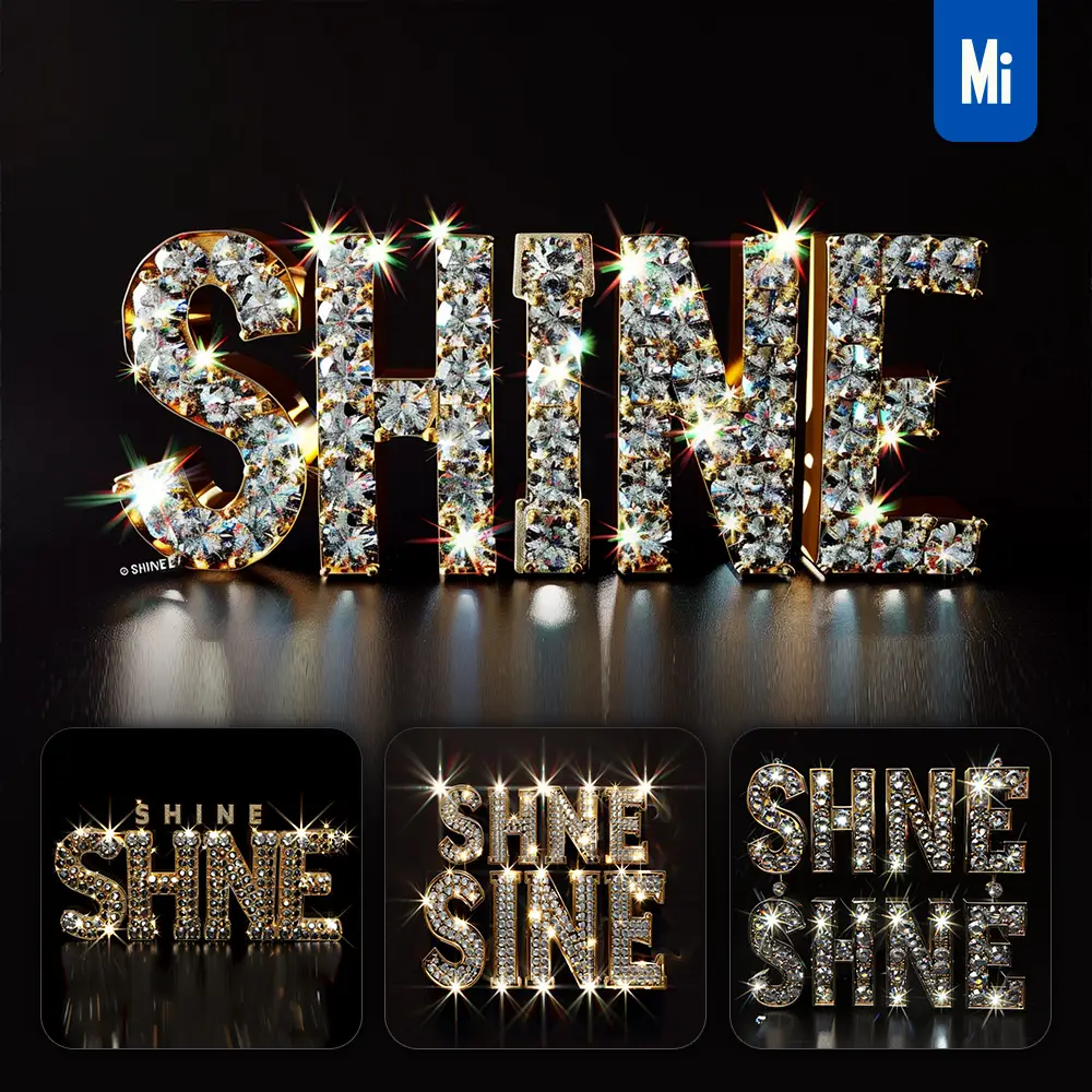 Midjourney Prompt SHINE Word Text Type Diamond Gold 3D