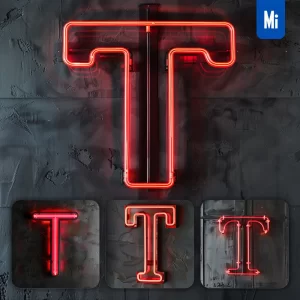 Midjourney Prompt T Letter Red LED Neon Light Word Text