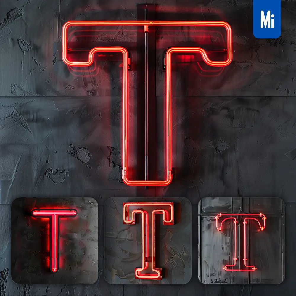 Midjourney Prompt T Letter Red LED Neon Light Word Text