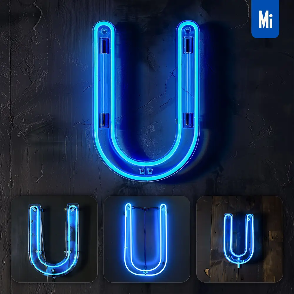 Midjourney Prompt U Letter Blue LED Neon Light Word Text