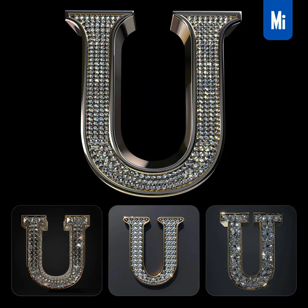 Midjourney Prompt U Letter Word Text Type Diamond Gold 3D