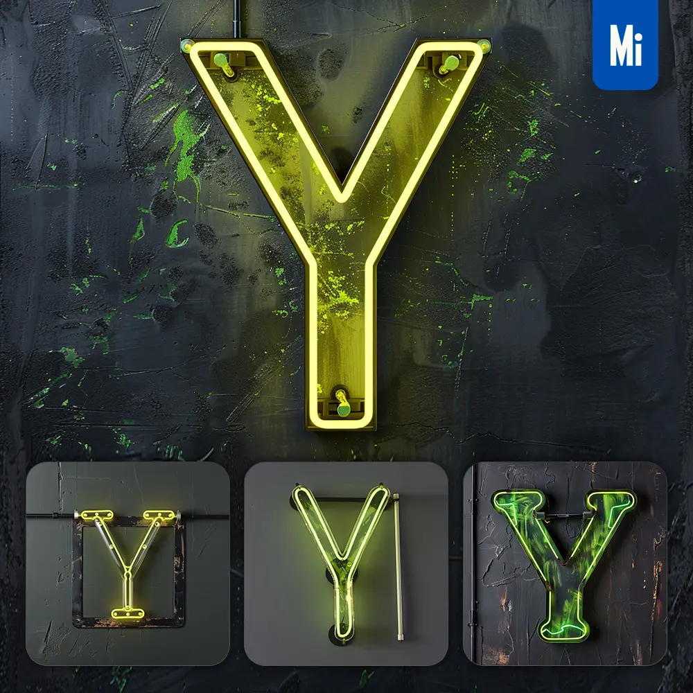 Midjourney Prompt Y Letter Green Olive LED Neon Light Word Text