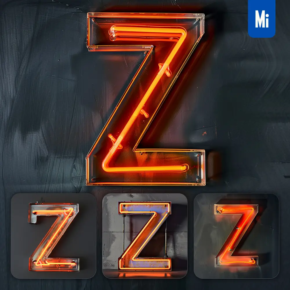 Midjourney Prompt Z Letter Orange LED Neon Light Word Text