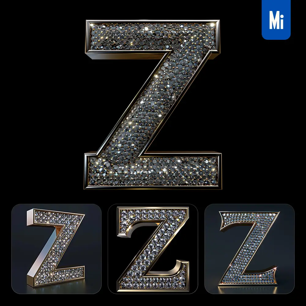 Midjourney Prompt Z Letter Word Text Type Diamond Gold 3D