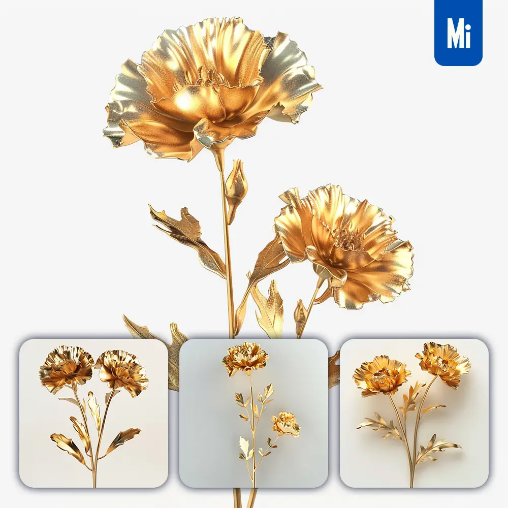 Midjourney Prompt Carnation Gold Golden Metal Flower Leaves Leaf 3D