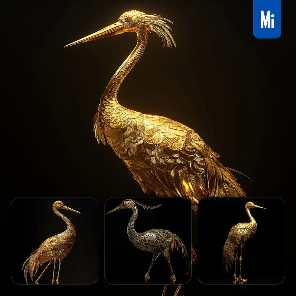 Midjourney Prompt Crane Gold Golden 3D Sculpture Pattern