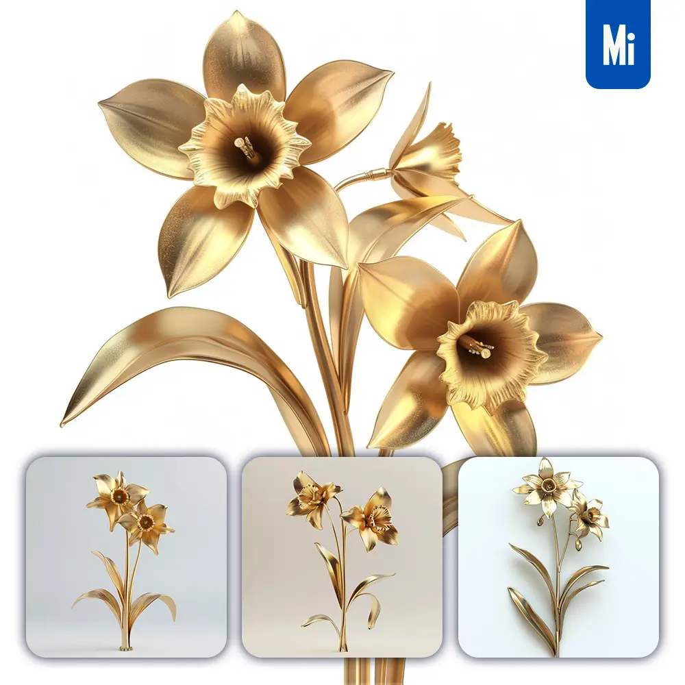 Midjourney Prompt Daffodil Gold Golden Metal Flower Leaves Leaf 3D