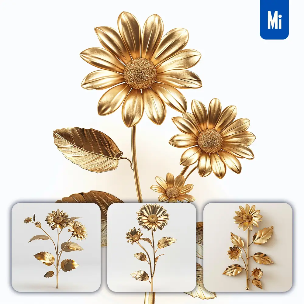 Midjourney Prompt Daisy Gold Golden Metal Flower Leaves Leaf 3D