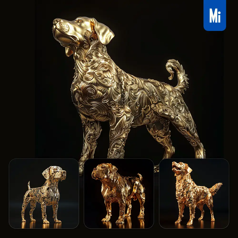 Midjourney Prompt Dog Gold Golden 3D Sculpture Pattern