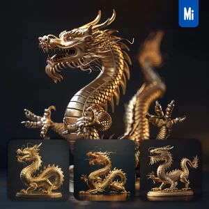 Midjourney Prompt Gold Chinese Dragon Statue 3D Art