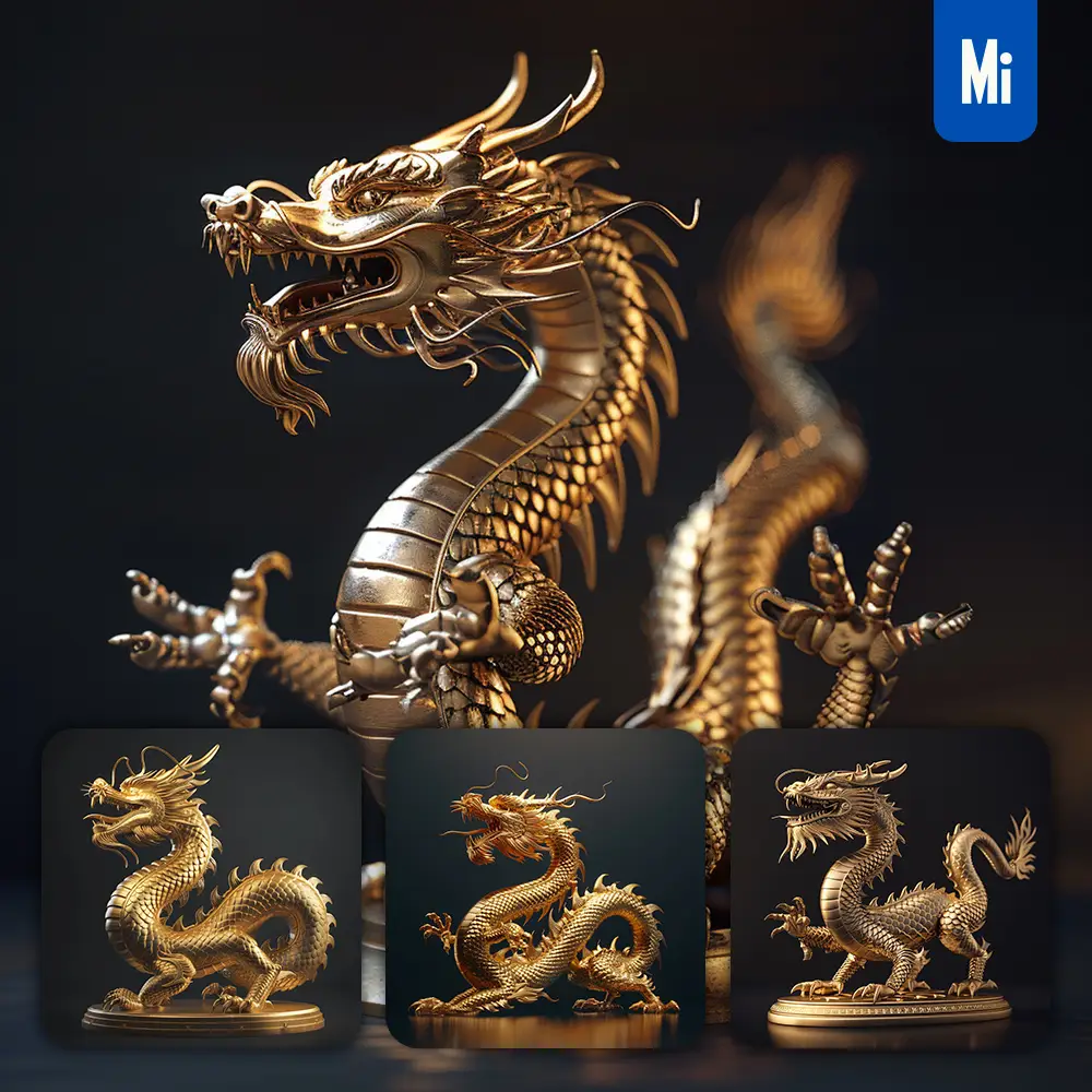 Midjourney Prompt Gold Chinese Dragon Statue 3D Art